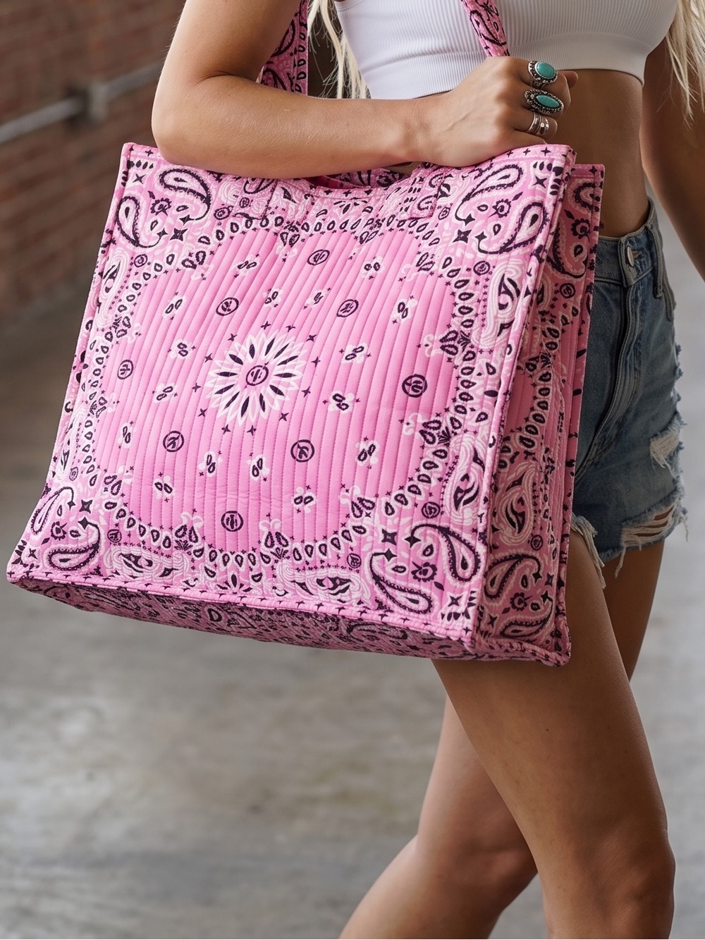 Panache Bandana Paisley Boho Western Quilted Tote Bag Weekender Pink Handbag - Picture 2 of 8